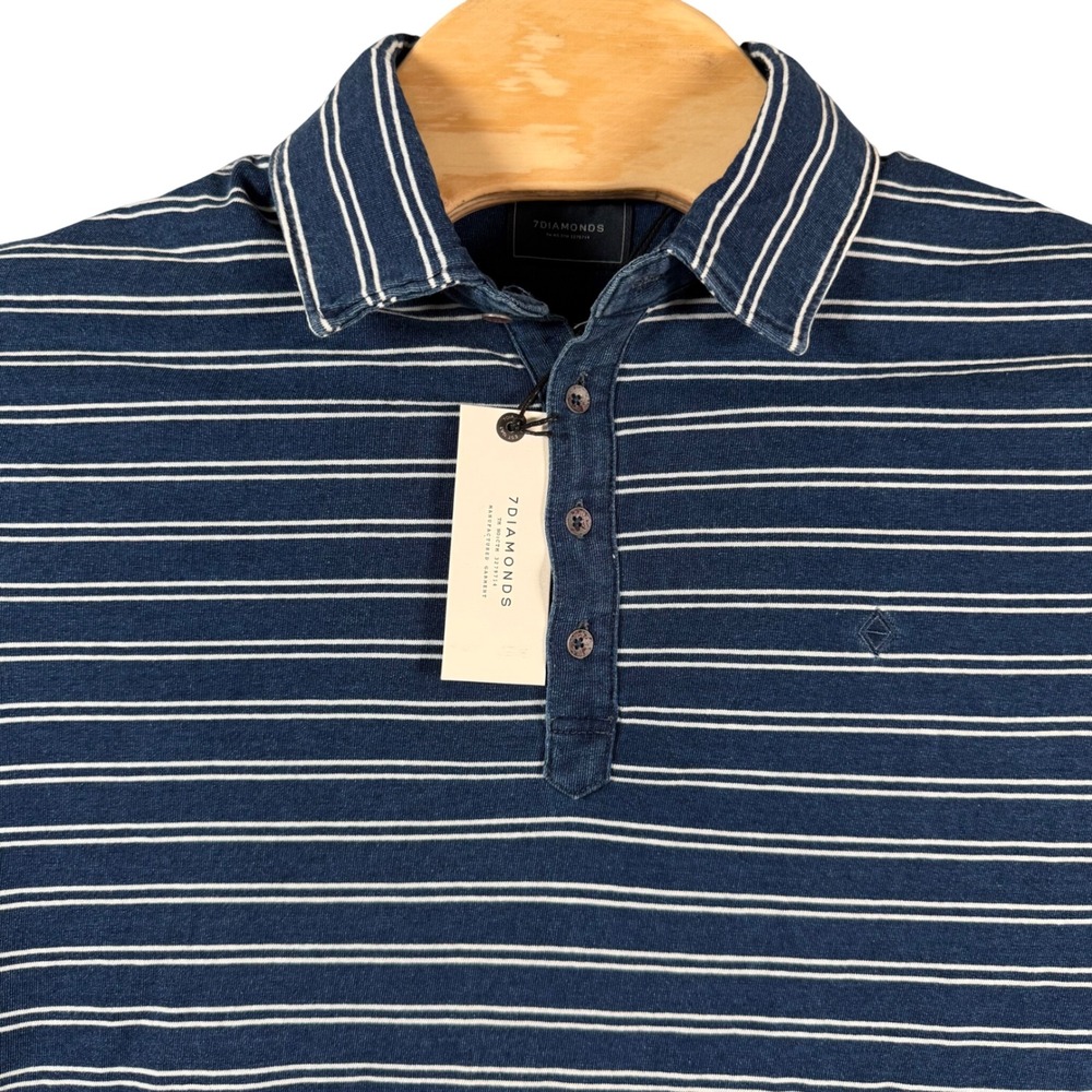 7Diamonds Wave Polo Shirt Mens Medium Blue Striped Short Sleeve Cotton Casual
